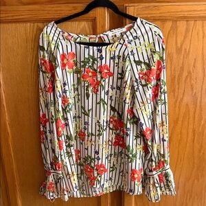 Rose & Olive Floral Stripe Blouse with Ruffle Sleeves